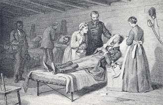 drawing of a Confederate base hospital, where Nursing in the Civil War South took place